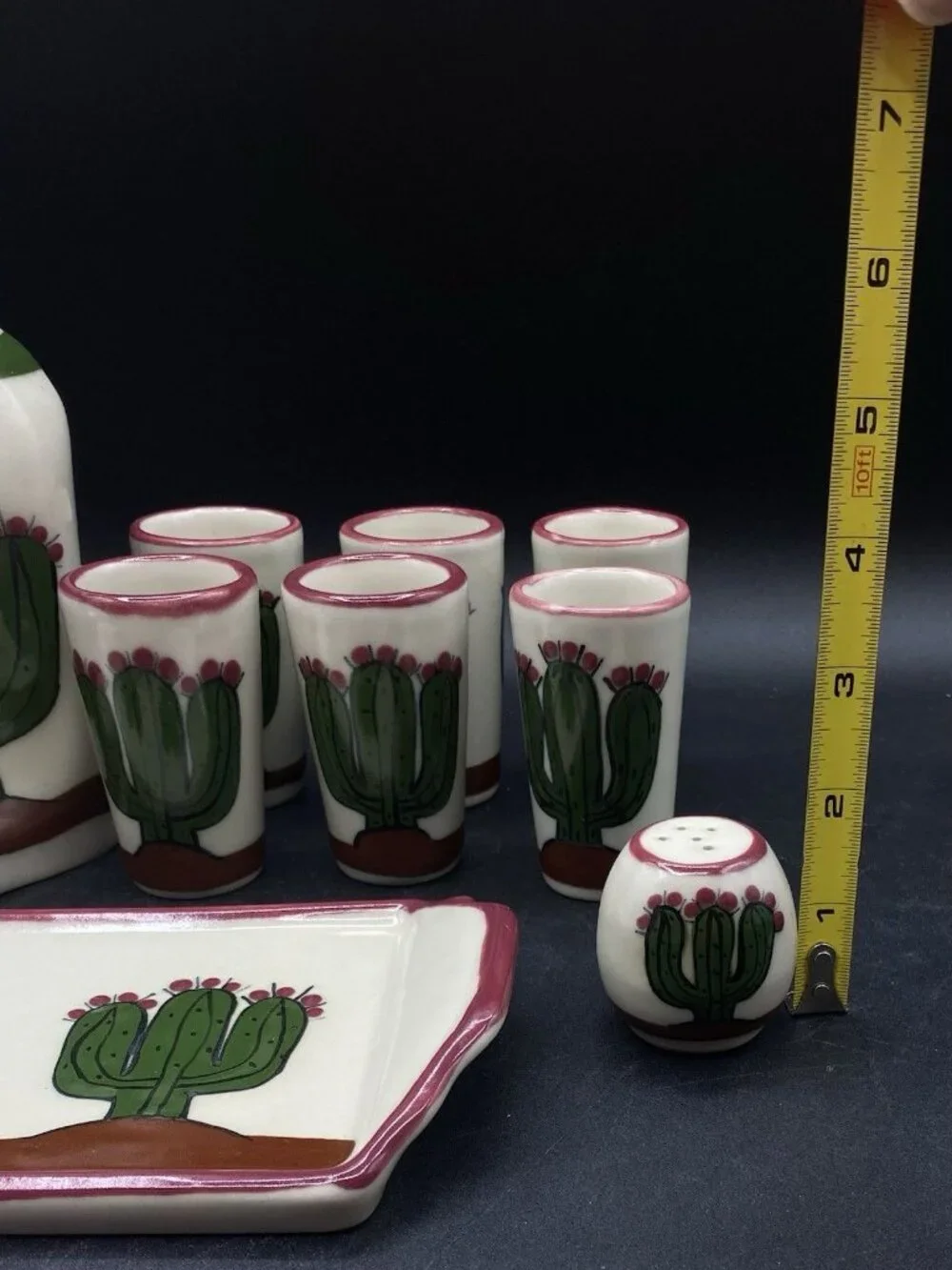 LM Mexico Tequila Sombrero Cactus Set Shot Glasses Salt Shaker Tray Vitrified ￼